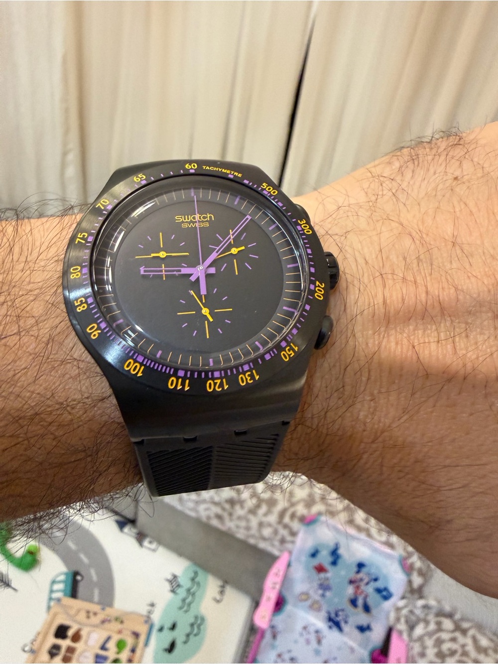 Swatch Irony The Chrono Purple in Dark YOB102 Black Stainless Swiss Watch